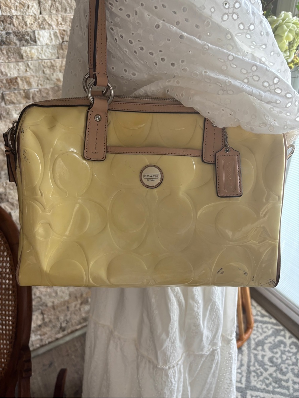 Coach Peyton Signature Yellow Patent Leather Satchel with Tan Trim
